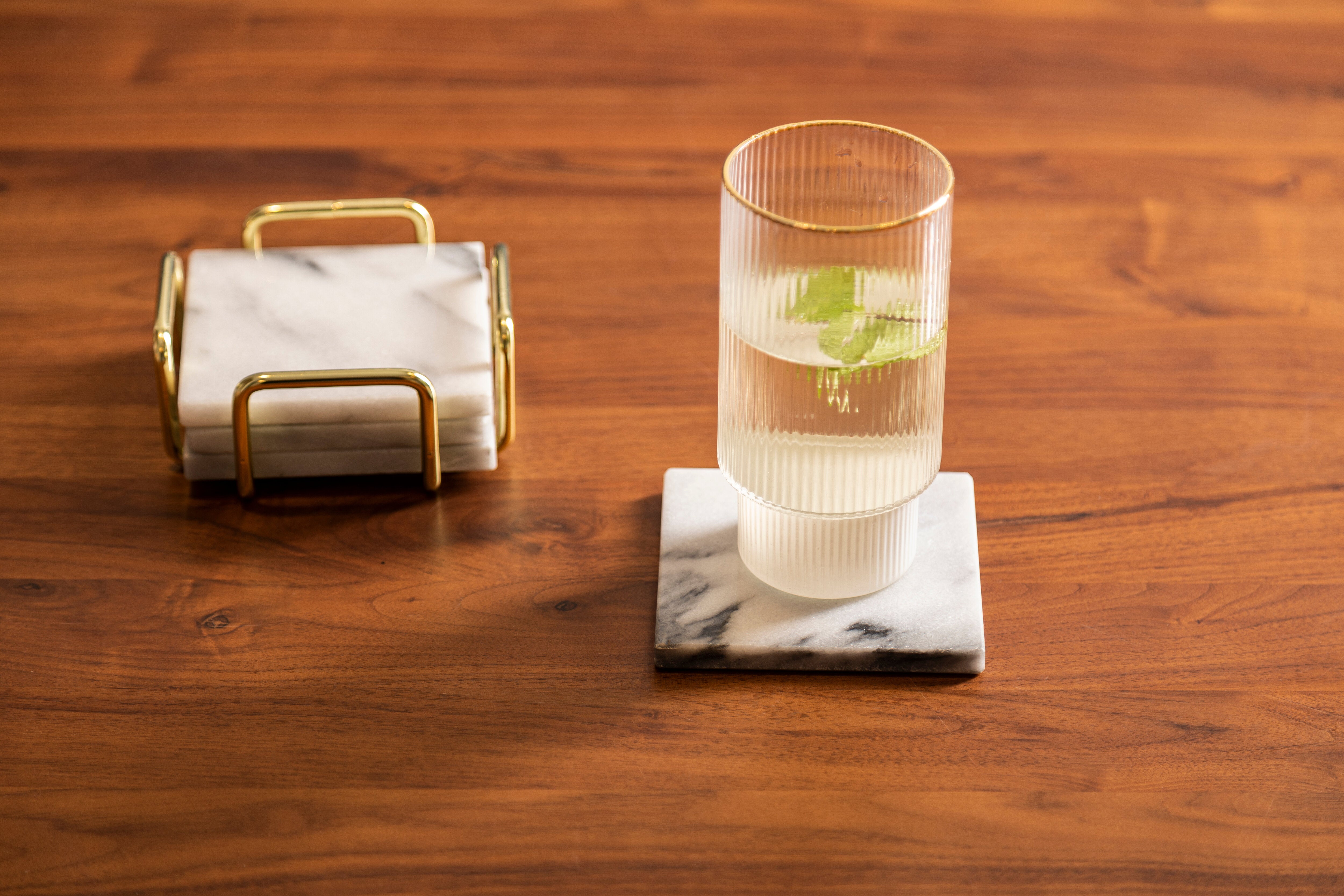 Set of 4 Trevi White Marble Coasters with Brass Finish Holder